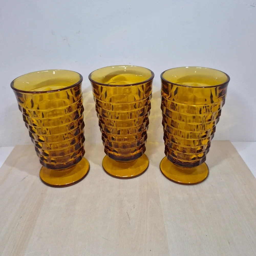 Vintage Amber Glass Footed Tumblers Waffle Block Pattern Set of 3 MCM 6 inch